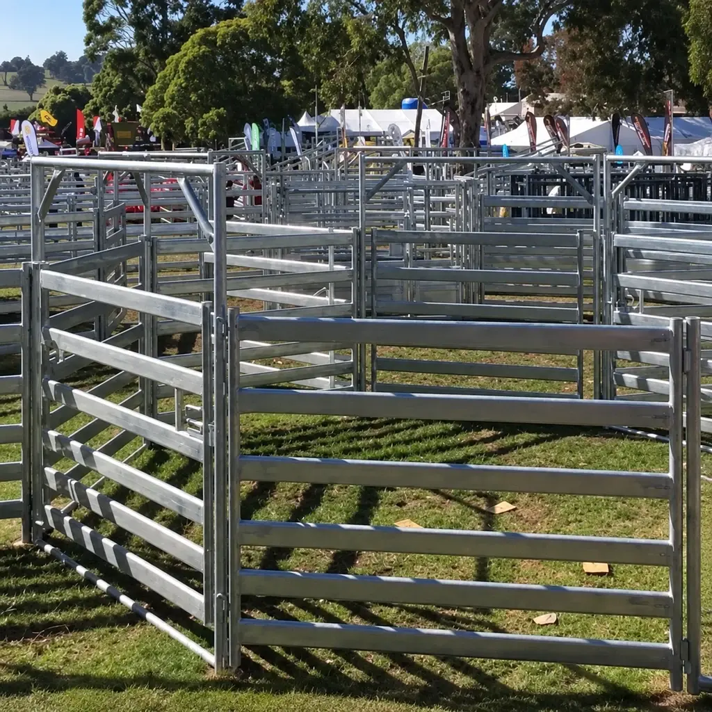 Galvanised horizontal-rail farm gate installed in a livestock yard