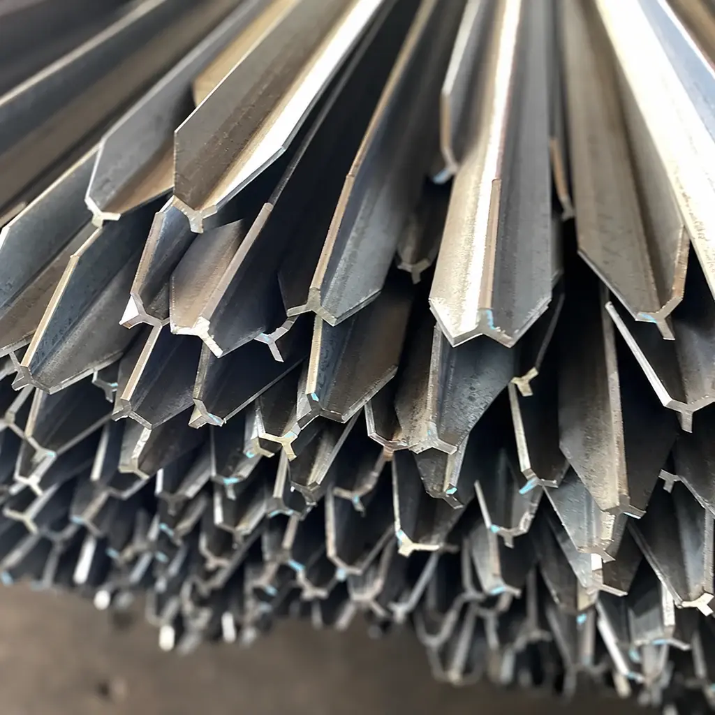 Stacked steel Y posts showing their three-point cross-sections