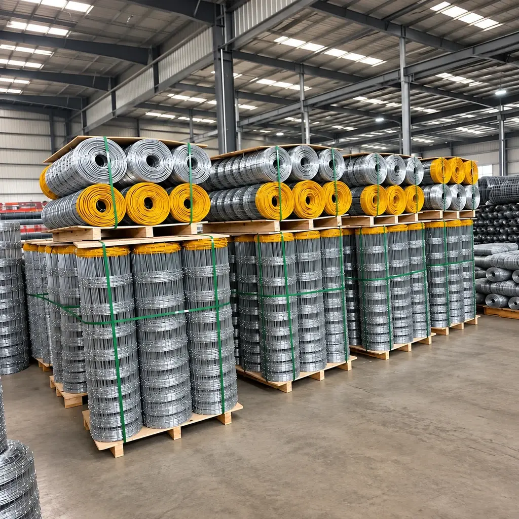Woven farm fence rolls secured on pallets inside a warehouse