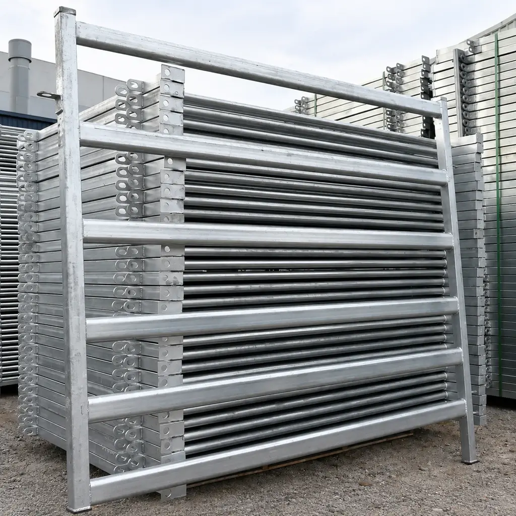 Galvanised tubular cattle panels stacked with visible connecting lugs
