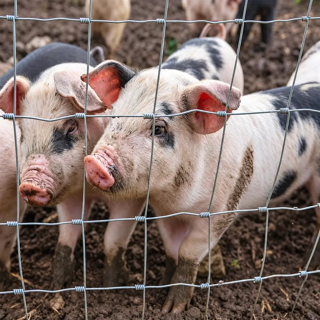 Hinge-joint woven wire with pigs behind the fence