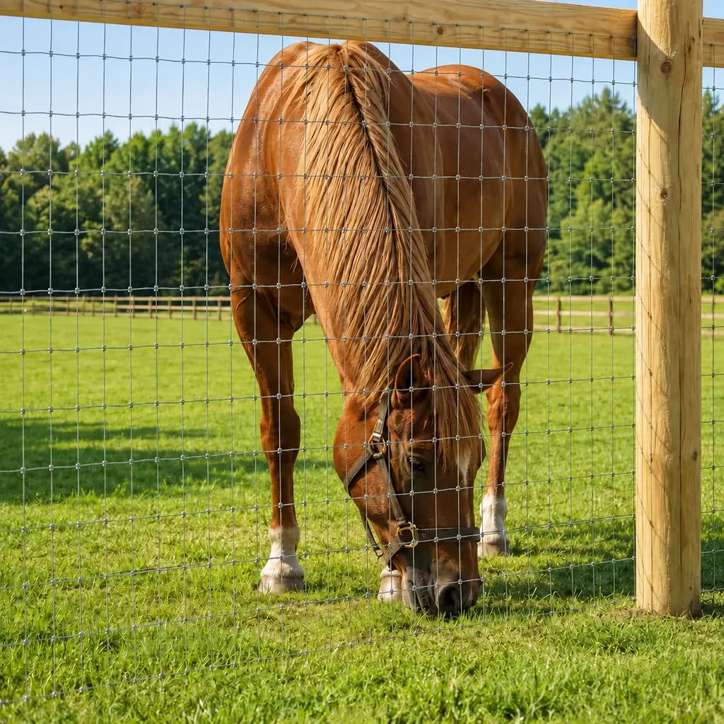 Horse grazing behind close-spaced woven mesh and timber posts
