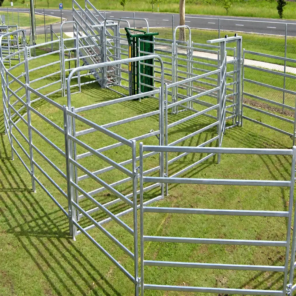 Galvanised rail hurdles forming connected livestock handling pens