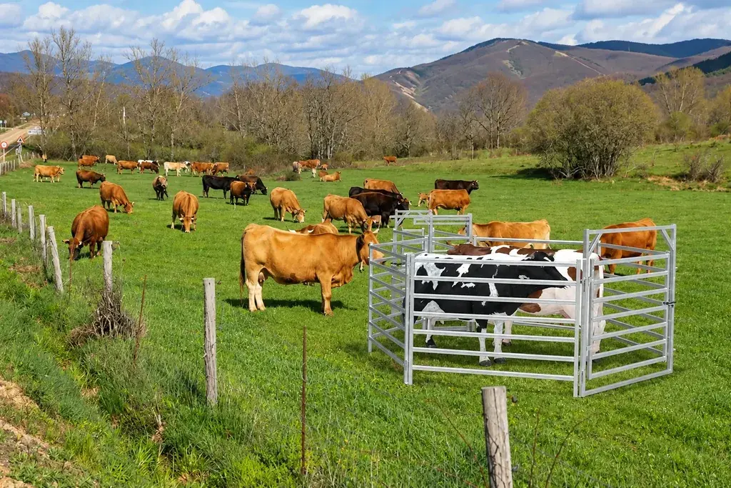 Cattle grazing beside a wire field fence and small metal pen