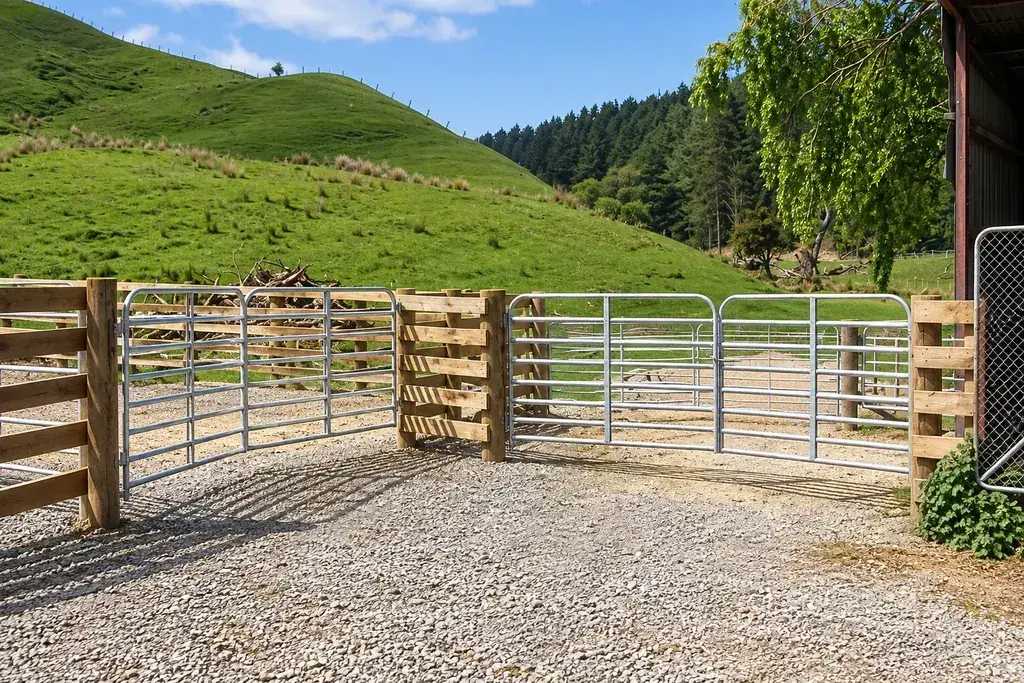 Paired metal farm gates across a wide gravel entrance