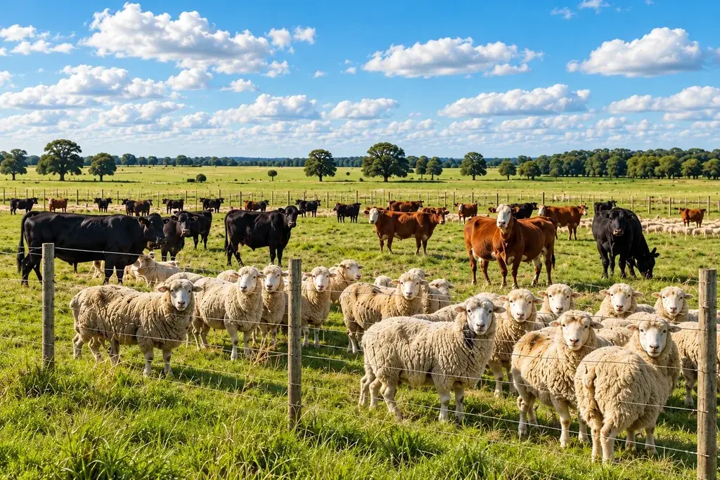 Wire field fence between grazing sheep and cattle in an open pasture