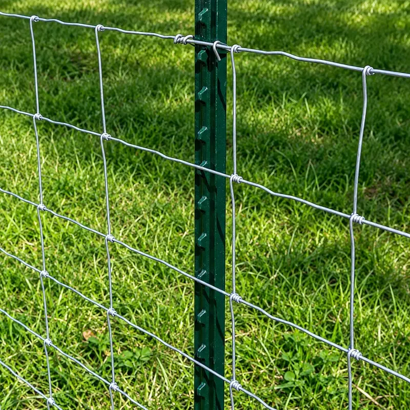 Green studded steel T-post supporting a woven wire farm fence