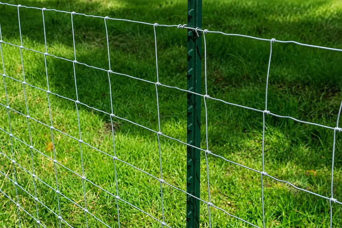 Green studded steel T-post supporting a woven wire farm fence