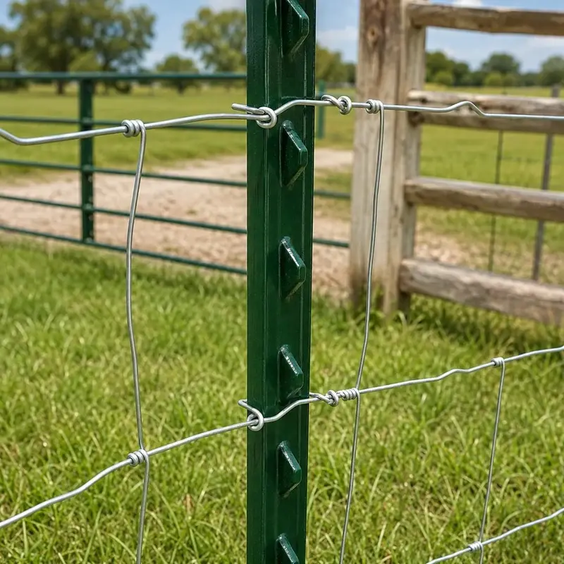 Fence wire fastened to a green steel T-post beside a timber post