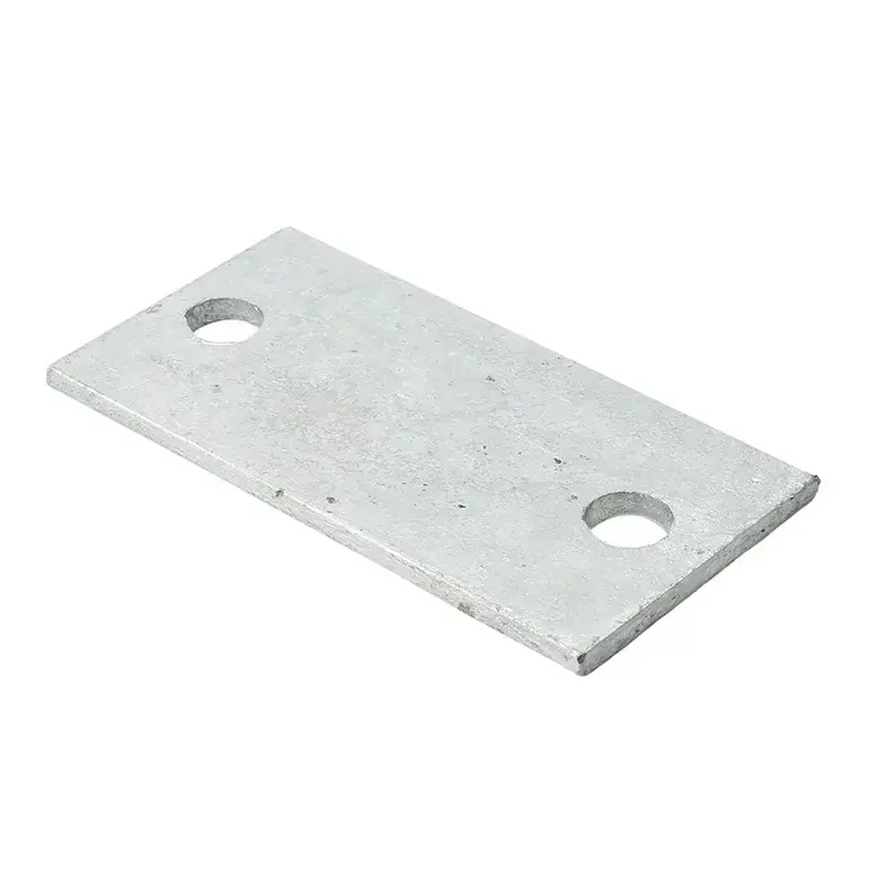 Rendering of a rectangular steel base plate with two fixing holes