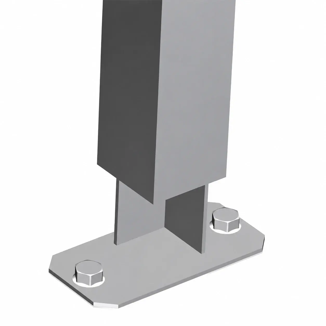 Rendering of a rectangular base-plated fence post with struts and anchors
