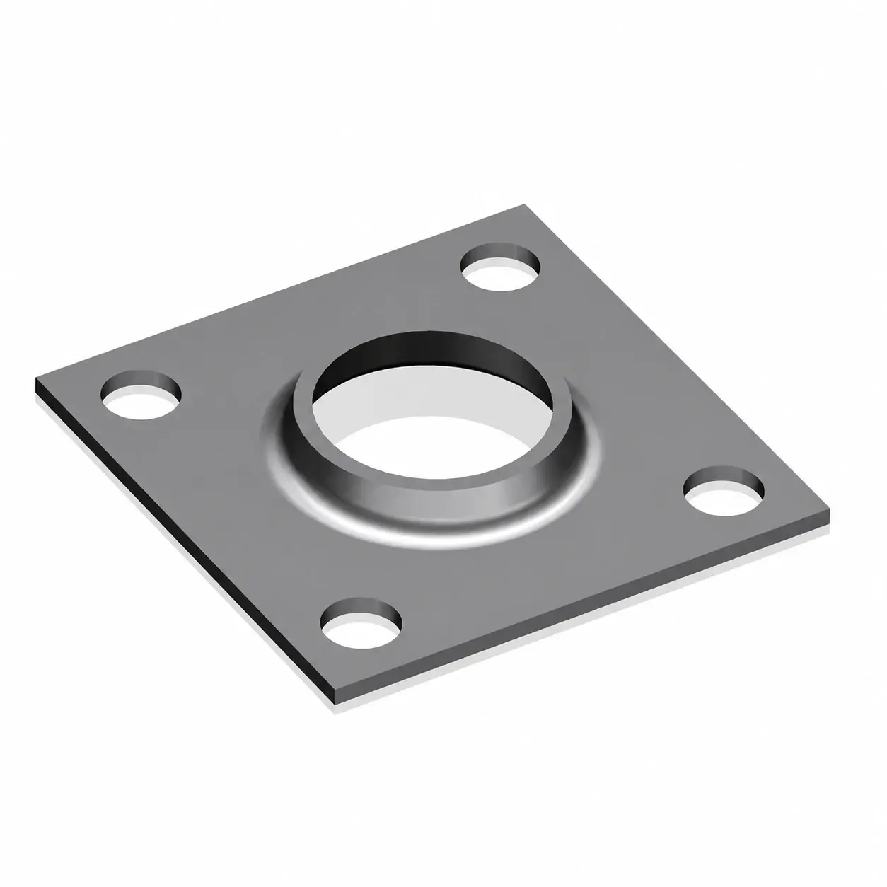 Rendering of a square four-hole flange for a round fence post