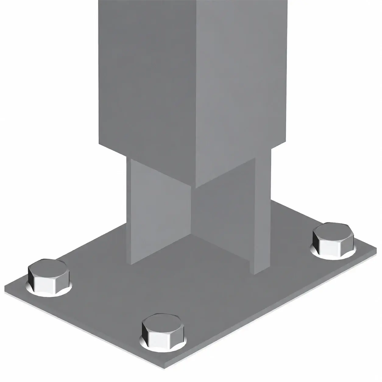 Rendering of a square fence post fixed to a four-hole base plate