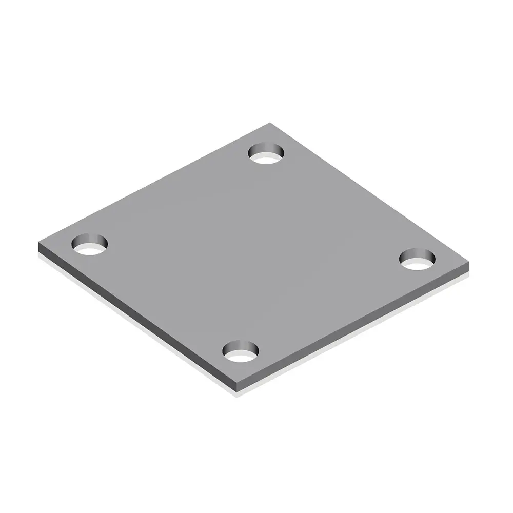 Rendering of a square weldable steel base plate with four fixing holes