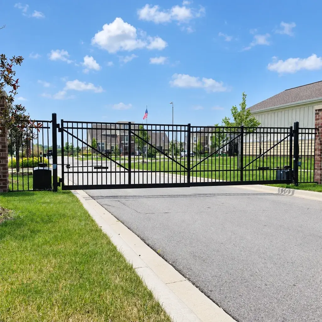 Black driveway gate with diagonal braces across a paved entrance