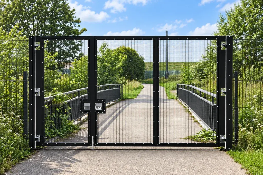Black mesh gate with unequal leaves across a paved footpath