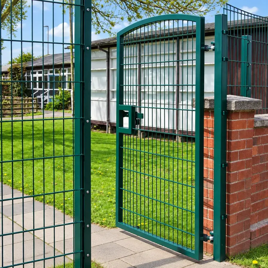 Open green twin-wire mesh gate with an arched top rail