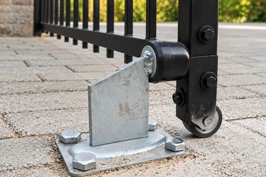 Bolted steel gate stop with a roller beside a gate wheel