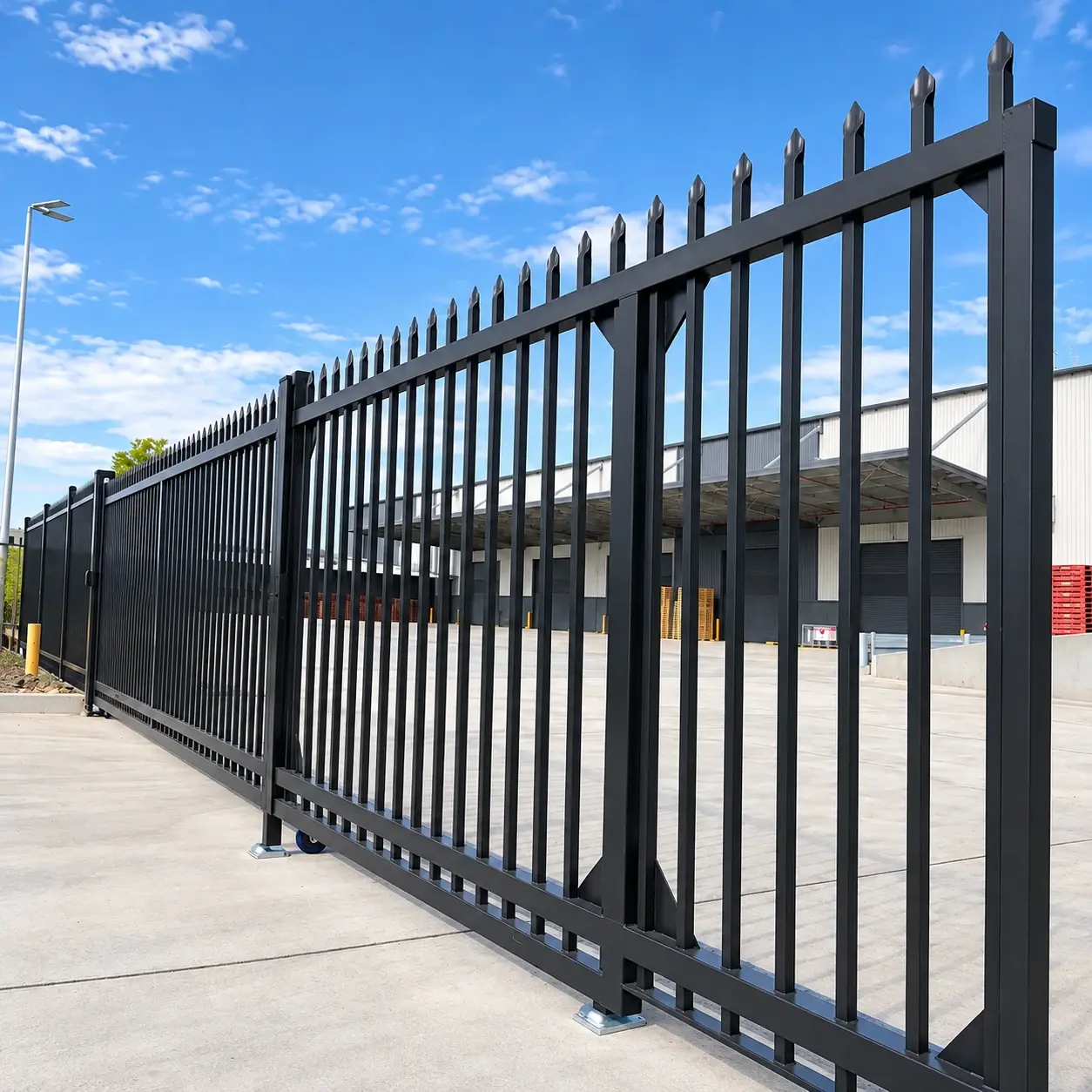 Black steel sliding gate with a ground wheel at a warehouse entrance