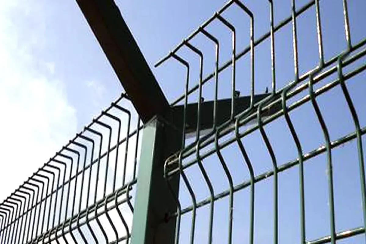 Steel post and welded mesh panel connection viewed from below