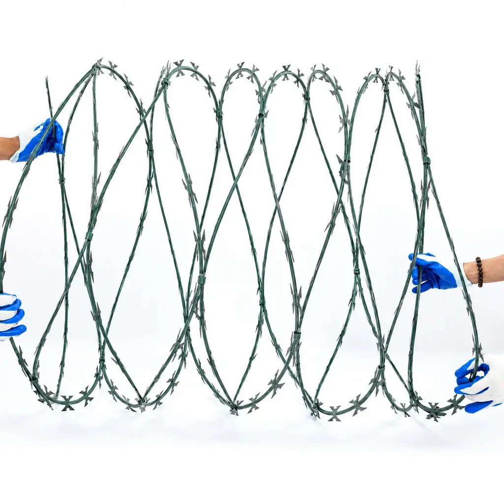 Expanded concertina razor wire coil held open with gloved hands
