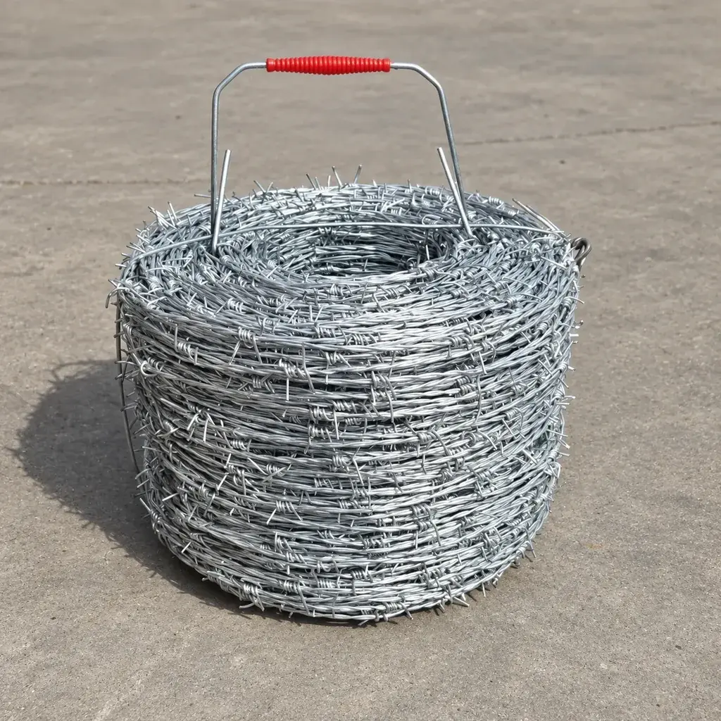 Galvanised barbed wire roll with a red carrying handle