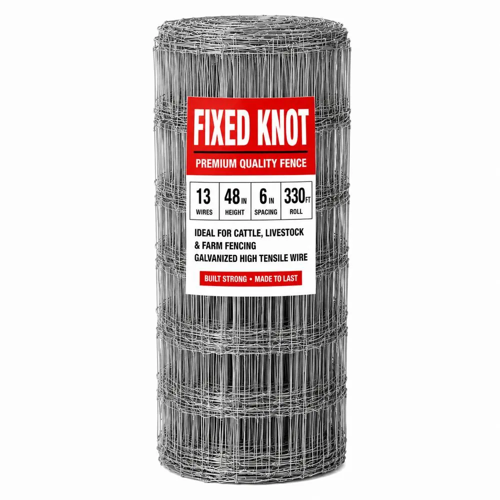 Labelled roll of fixed-knot woven wire fencing