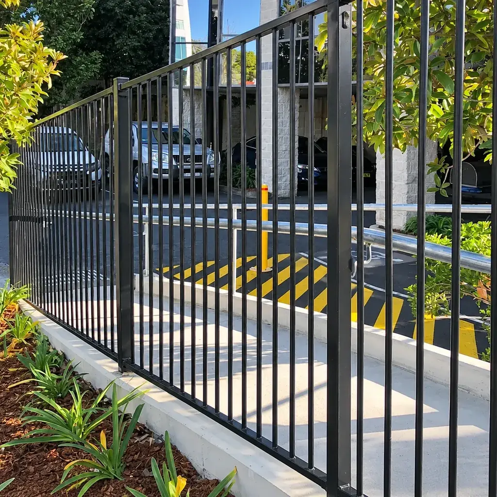 Black flat top steel railing with vertical pickets and square posts