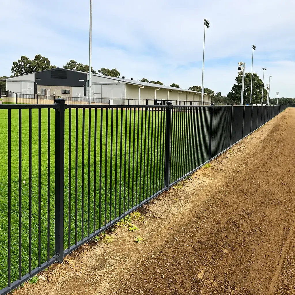 Long run of black flat top steel railings beside an open field