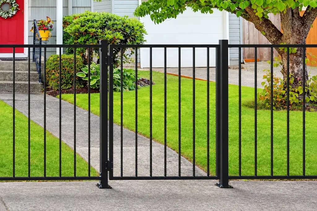 Black flat top steel gate between matching fence panels