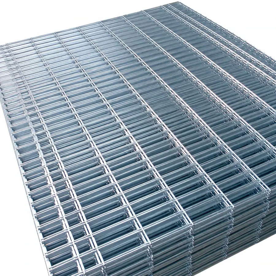 Silver-coloured flat welded mesh sheets stacked on a white background
