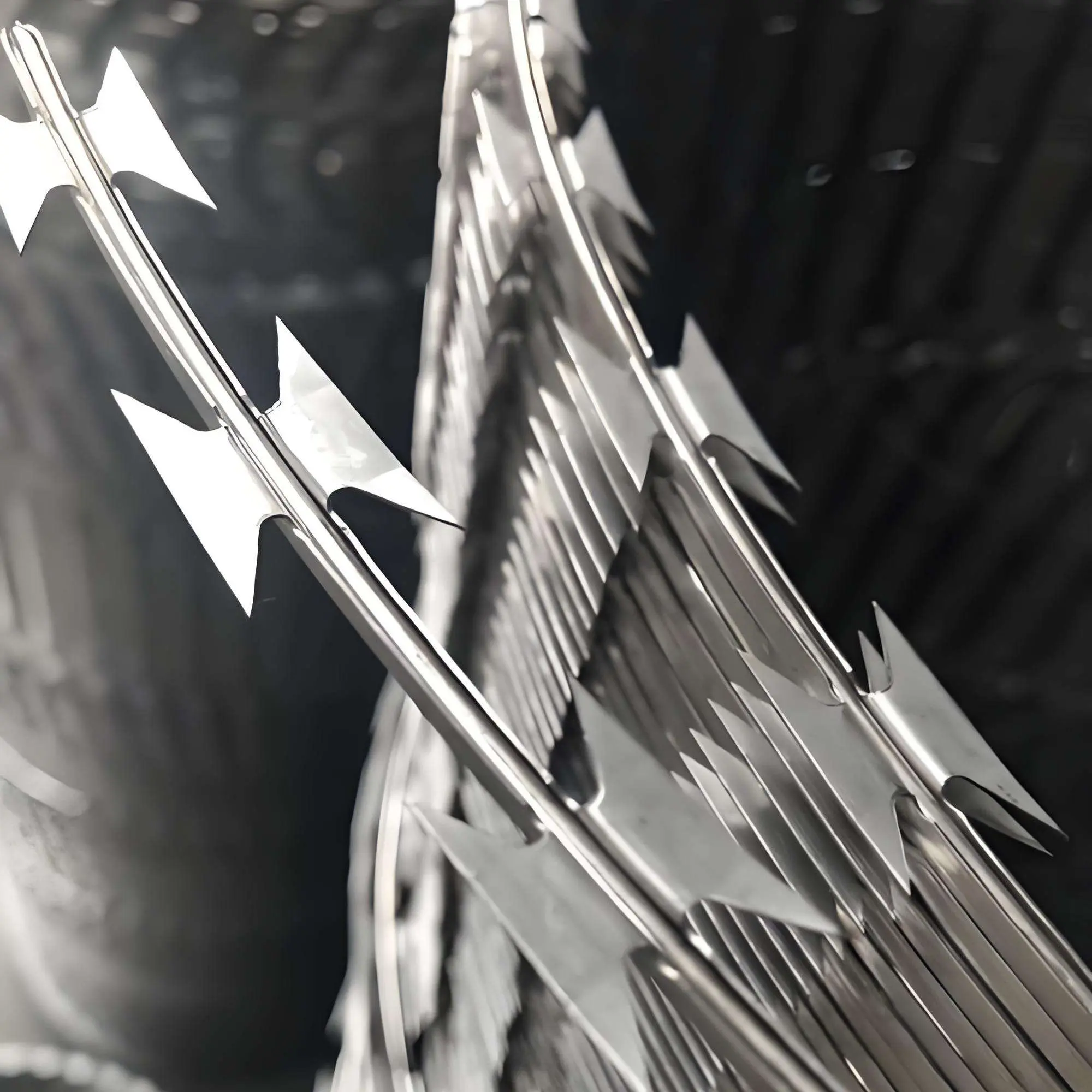 Close-up of razor tape blades and the steel core wire