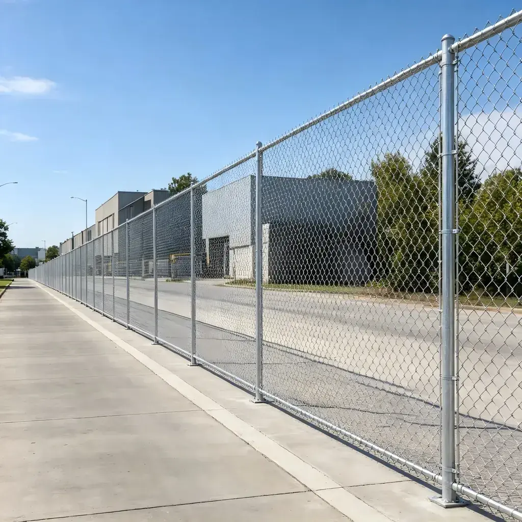 Long run of galvanised chain link fence with steel posts