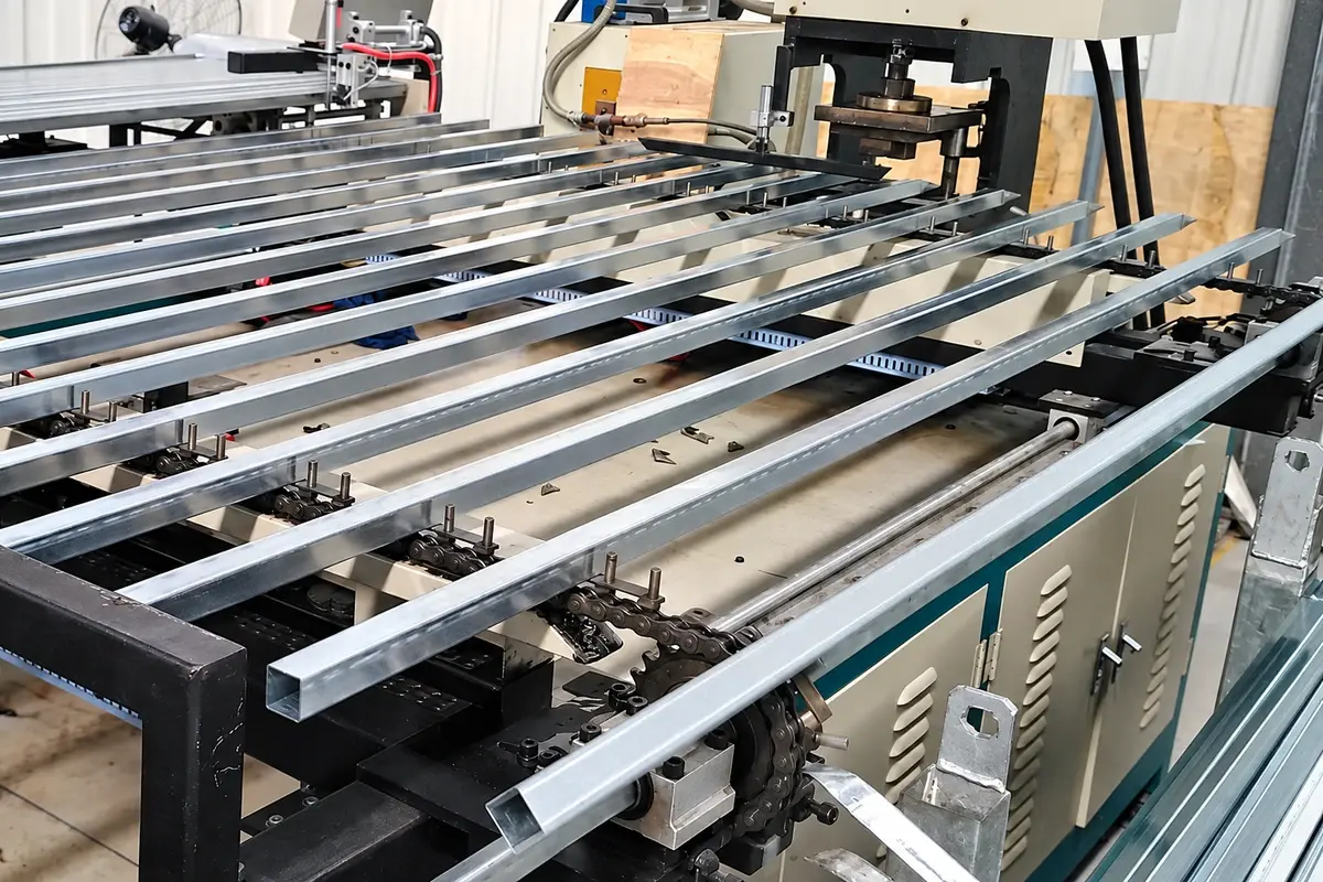 Square steel tubes on a forming machine in a workshop