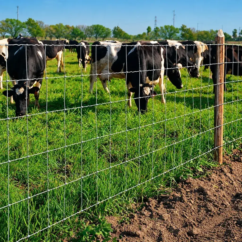 Cattle behind woven wire fencing in a grassy field