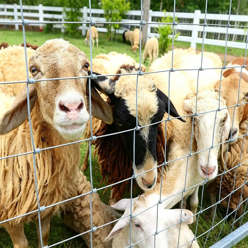 Sheep and goats behind woven wire field fencing