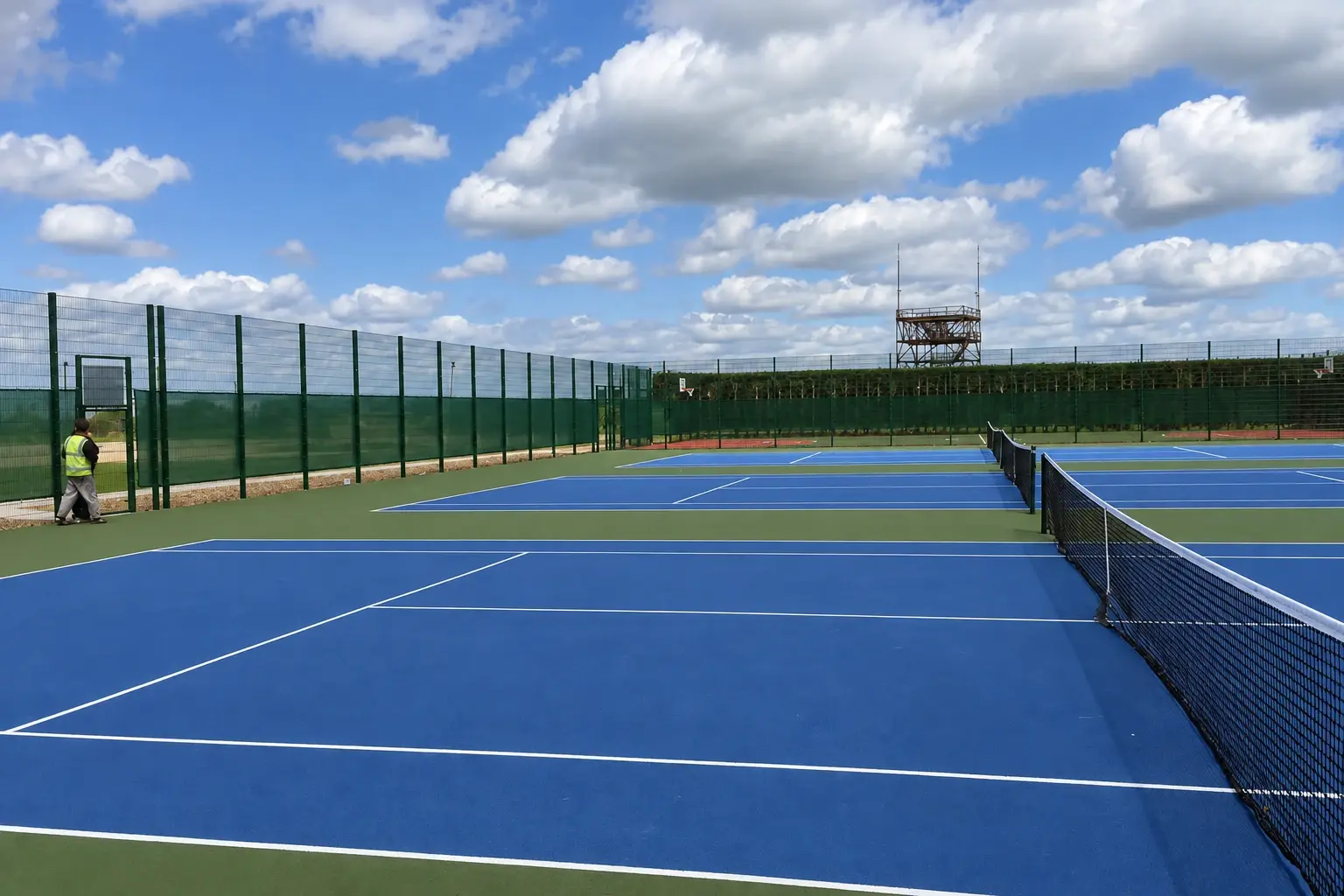 Blue outdoor tennis courts enclosed by tall mesh fencing