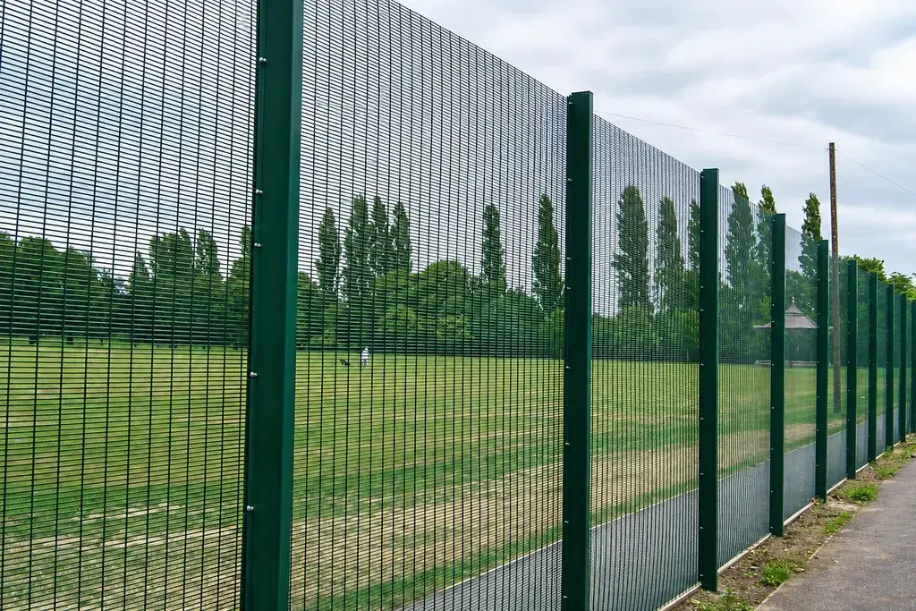 Green close-spaced mesh panels following a landscaped perimeter