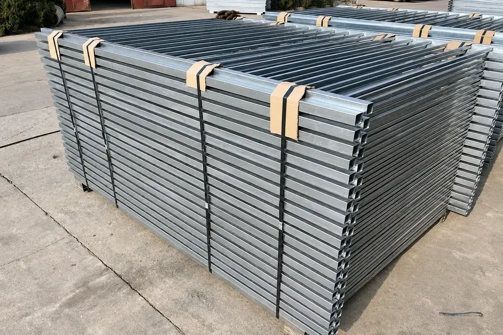 Grey metal fence panels bundled with straps and cardboard edge protection