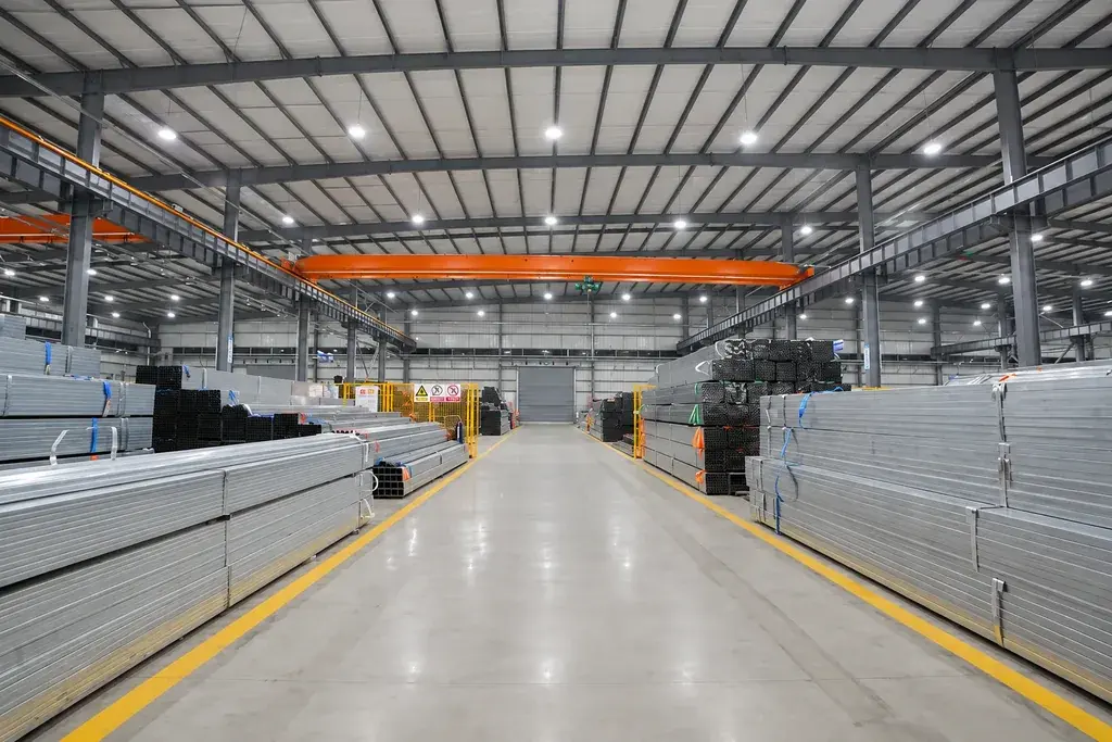 Bundled metal sections stored on both sides of a workshop aisle