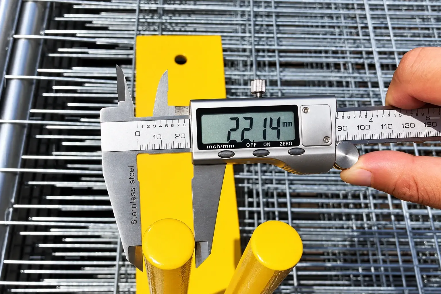 Digital caliper measuring the diameter of a yellow coated metal pin