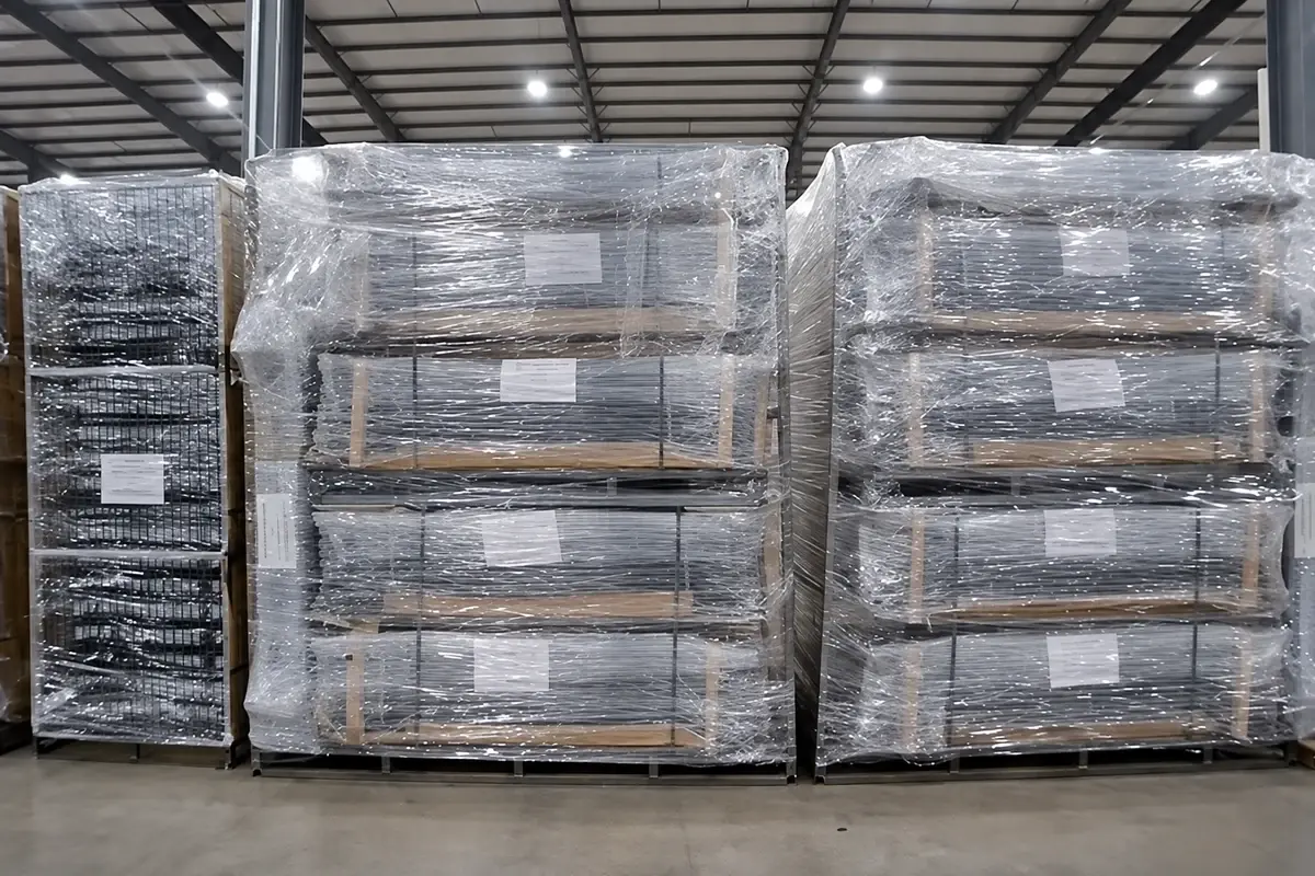 Packed steel fence panels prepared for commercial project delivery