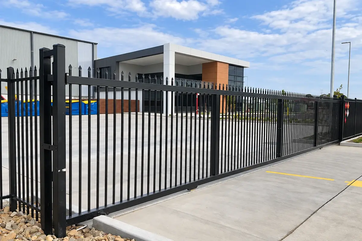 Black sliding vehicle gate across a paved industrial entrance