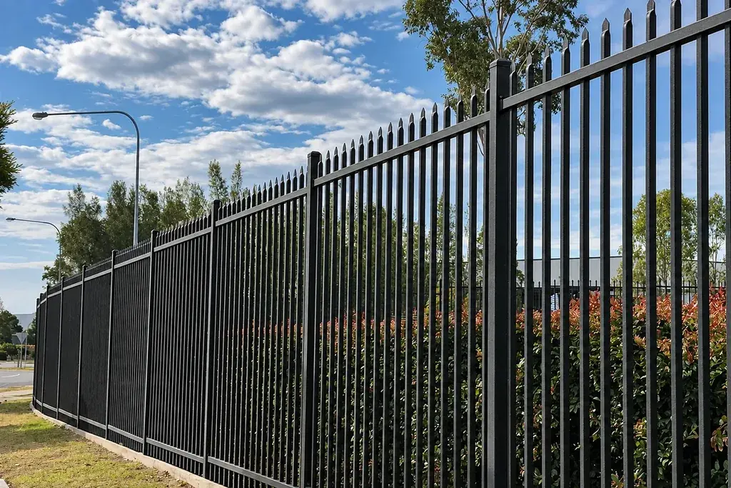 Long installed black steel perimeter fence beside a paved site