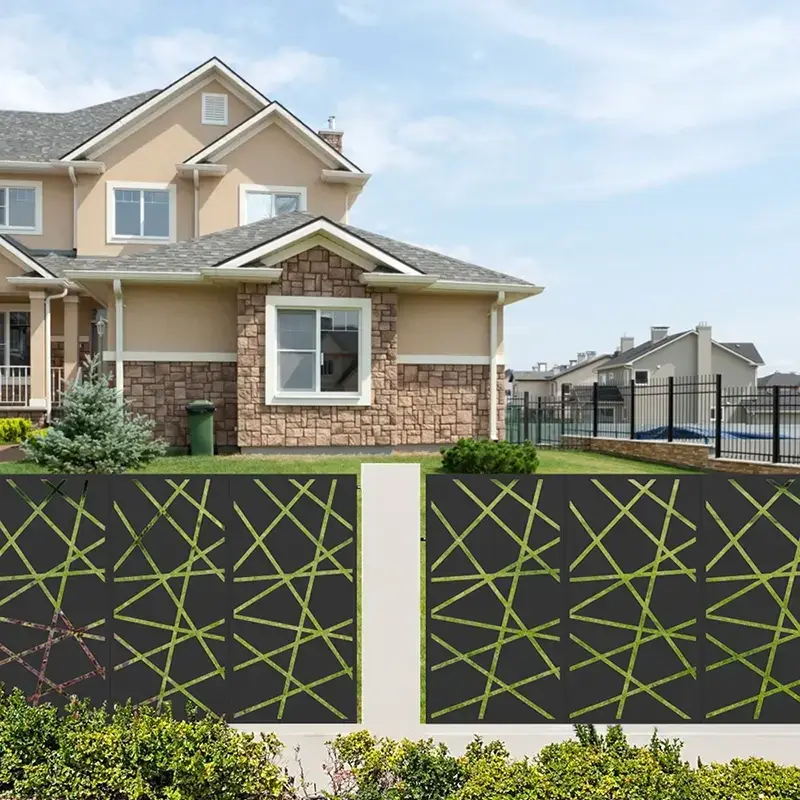 Geometric laser-cut metal screen panels at a house boundary