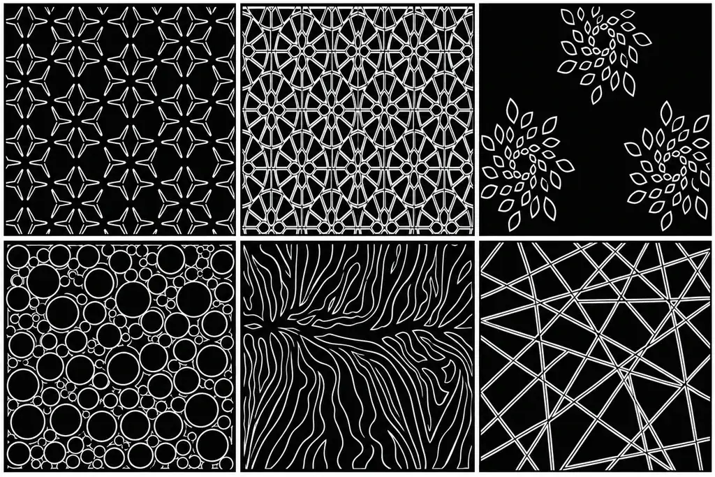 Six black panel drawings showing geometric and organic laser-cut patterns