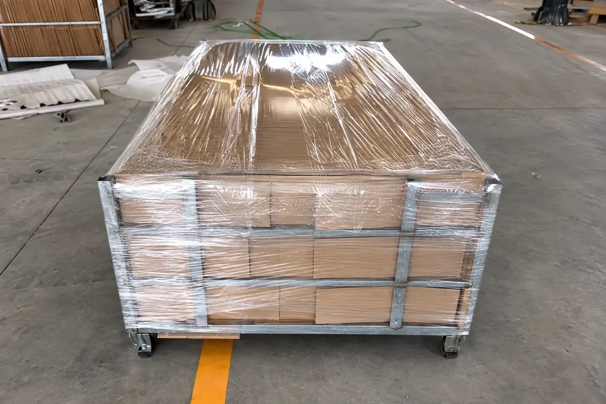 Wrapped laser-cut screen panels secured on a wheeled pallet for transport