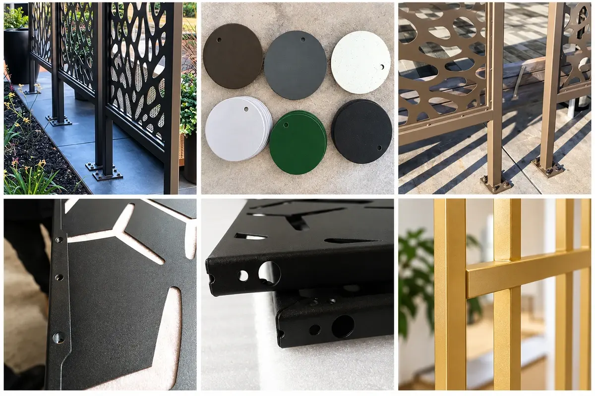 Six close views of laser-cut metal screen finishes, edges and fixings