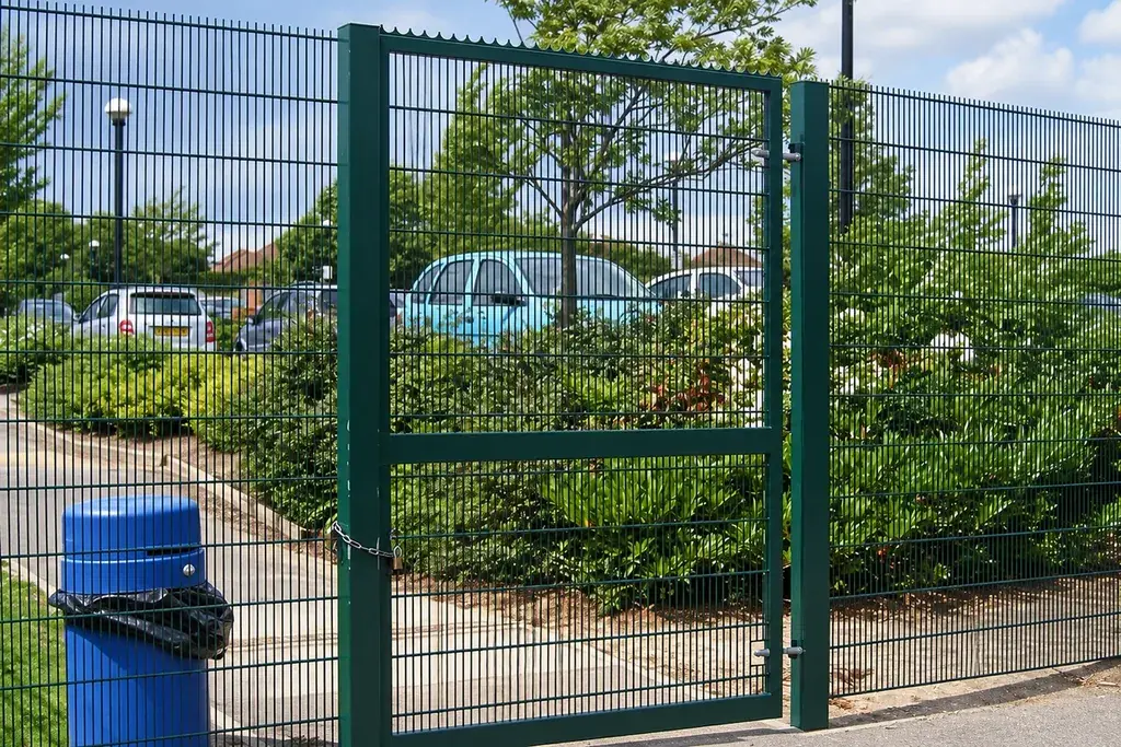 Green pedestrian mesh gate beside a paved path and car park.