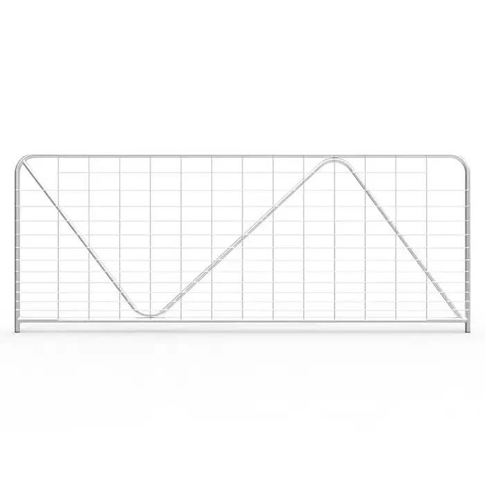 Product rendering of a wide galvanised mesh farm gate with diagonal bracing